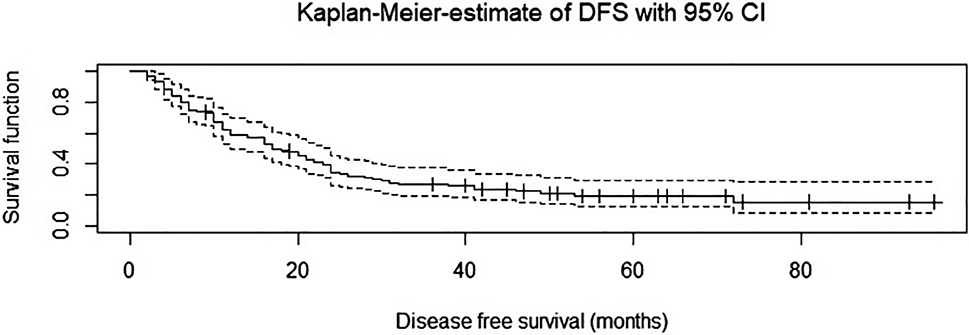 Figure 4: 
Cumulative survival curve – progression free survival (Disease free survival).
