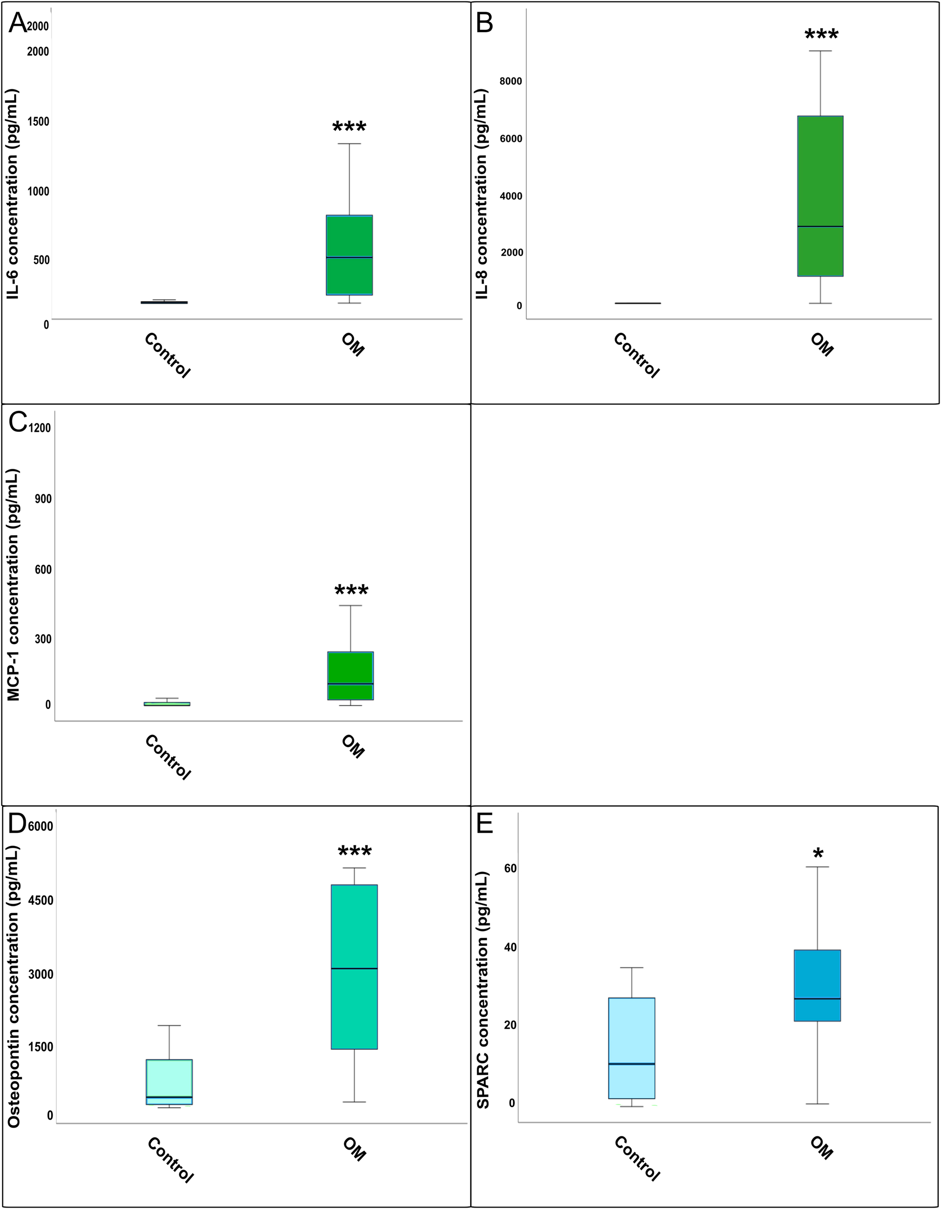 Figure 1: 
Comparison of cytokine concentration between total osteomyelitis and healthy control bone tissue: (A) IL-6, (B) IL-8, (C) MCP-1, (D) osteopontin, and (E) SPARC. Boxplots showing the concentrations of IL-6, IL-8, MCP-1, osteopontin, and SPARC measured by ELISA in osteomyelitic (OM) bone samples compared to healthy controls. Statistical differences were assessed using the Mann–Whitney U test (*=p<0.05, **=p<0.01, ***=p<0.001). Boxplots show cytokine concentrations (pg/mL) in osteomyelitic (OM) bone tissue (n=21) and uninfected controls (n=23). OM includes all subtypes combined (sternal, vascular, and posttraumatic).