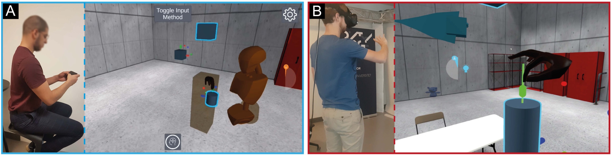 Figure 4 
Supporting heterogeneous cross-device collaboration in VR through a handheld device and a head-mounted display. (A) Handheld user can create and highlight building blocks through their touchscreen interface, to guide the onlooking HMD user (orange humanoid avatar). (B) HMD users can manipulate objects (e. g., scale a cylinder) directly with their hands [15].
