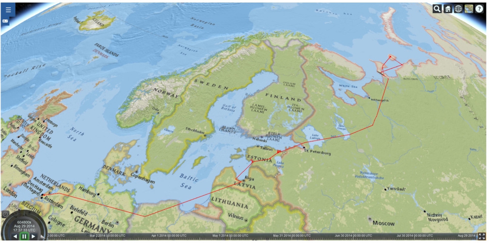 Figure 3 
Travel trajectory of a goose projected on a globe map using the Teamwise framework [10] (based on the cesium platform and using ESRI National geographic imagery, © ESRI). This visualization helps to take into account aspects of the surrounding environments which can help to interpret movement decisions, e. g. by showing topographic information.
