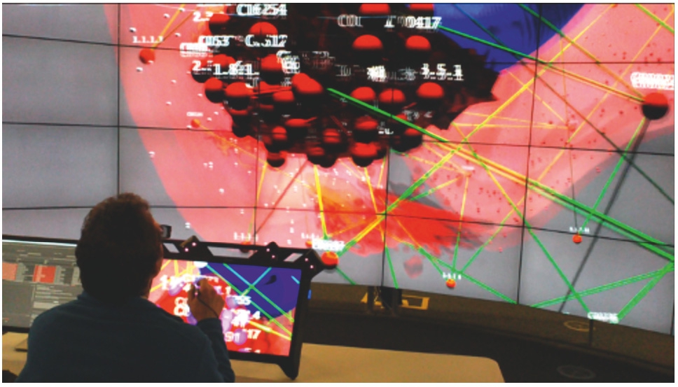 Figure 2 
VR exploration of a cell with information regarding protein localisation and metabolism using a combined VR visualisation environment based on CAVE2 and zSpace (taken from [73]).
