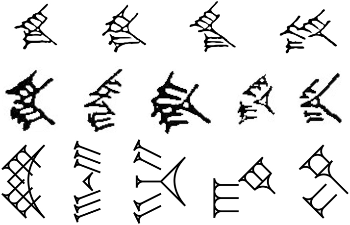 Figure 19: 
Variants of the sign ga
š
an ‘Lady’. At the top, how it’s presented in the Zeichenlexikon; in the middle, how it appears in autographs (KBo 8.110, KBo 24.43, KBo 47.133, KUB 27.1, and KBo 39.159); on the bottom, different ways of representing it in the kadaru encoding.
