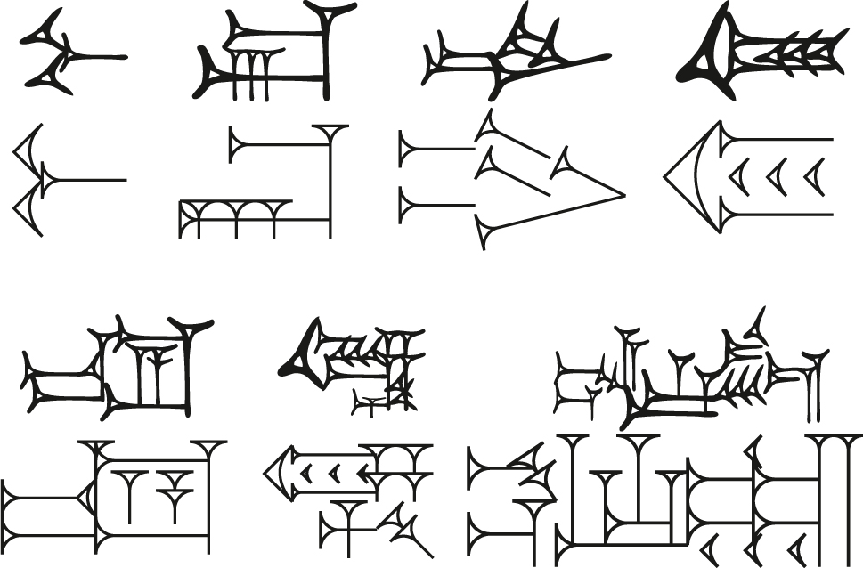Figure 25: 
Logograms of varying complexity rendered in a traditional hand-drawn font (lines 1 and 3) and in our new rendering engine (lines 2 and 4). Top row: munus ‘woman’, iku ‘field’, lugal ‘king’, ki
š ‘world’. Bottom row: nag ‘drink’, buru
14 ‘harvest’, umbin ‘fingernail’. “Ullikummi”, created by Sylvie Vanséveren.
