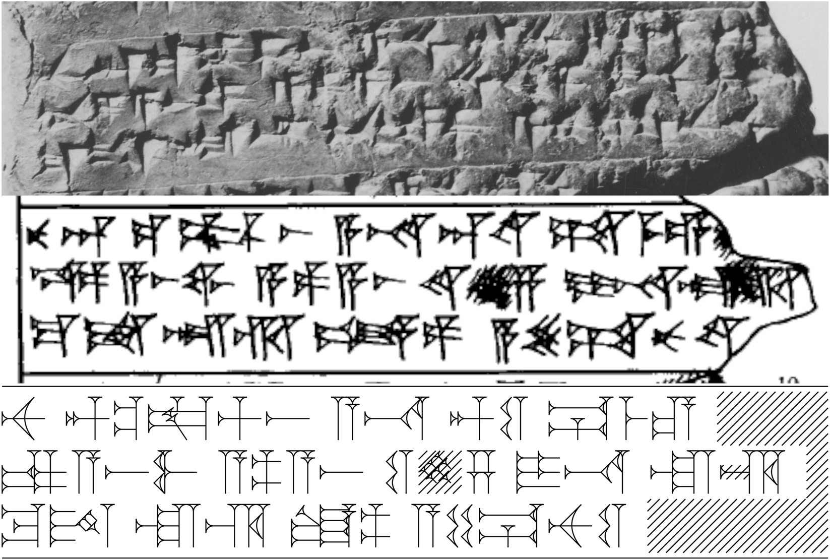 Figure 26: 
A prototype rendering of three lines from a tablet – in this case, the Hittite Gilgamesh. Autograph taken from https://www.assyrianlanguages.org/hittite/index_en.php?page=textes. Unlike PaleoCodage, the kadaru renderer is optimized for overall readability, sacrificing paleographic detail for this purpose: the scribe of the original tablet left off a vertical stroke in the GIM sign, third on the first line, for example, but the kadaru render uses the standard form.
