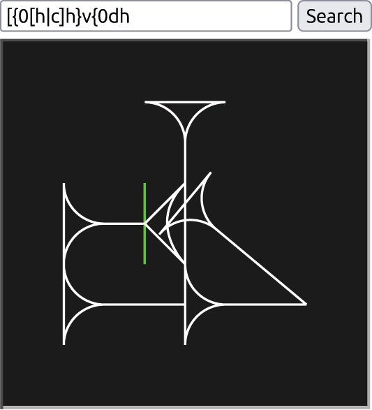 Figure 28: 
The “canvas” part of the interface, helping users enter kadaru codes by showing the result in real time. The code entered here doesn’t need to be complete (note the two brackets opened but never closed), and the position of the cursor is marked with a green bar (between the horizontal and Winkelhaken), indicating where a newly-typed stroke will be inserted. A drop-down at the top changes the rendering style, letting users customize it to their preference.
