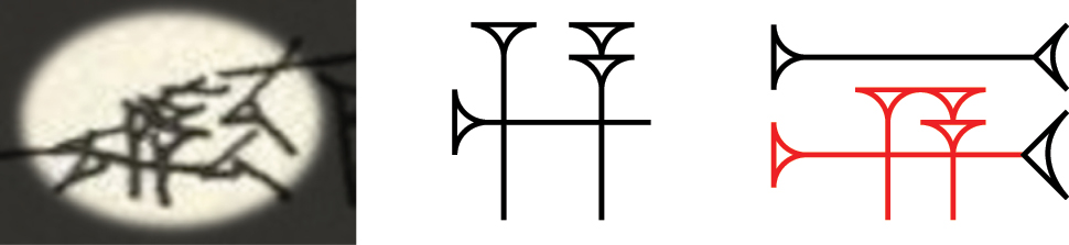 Figure 33: 
The process of searching for a broken sign: dug ‘vessel’ (left). Since the left side of this sign is broken, the user encodes the bottom part: the horizontal stroke intersecting an A sign, (h[vv2]) (middle). The program then produces a list of all seven signs encompassing this element, allowing the user to identify the best one (right).
