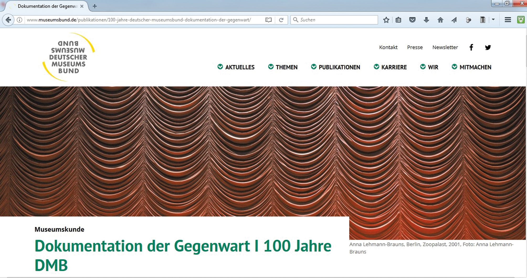 Abbildung 1 Screenshot Inhaltsübersicht der Ausgabe der Museumskunde zum 100jährigen Bestehen (Quelle: http://www.museumsbund.de/publikationen/100-jahre-deutscher-museumsbund-dokumentation-der-gegenwart/ [7.6.2017]).