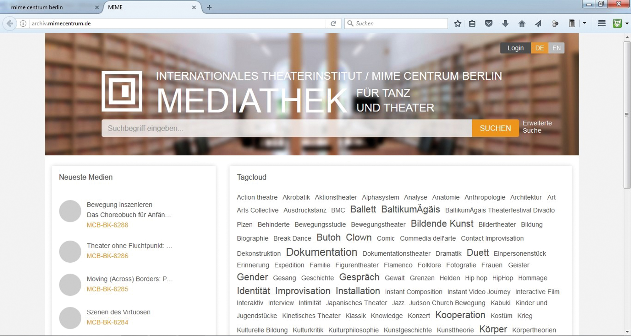 Abbildung 2 Screenshot Eingangsbildschirm der Mediathek für Tanz und Theater (Mime Centrum Berlin) (Quelle: http://archiv.mimecentrum.de/ [7.6.2017]).