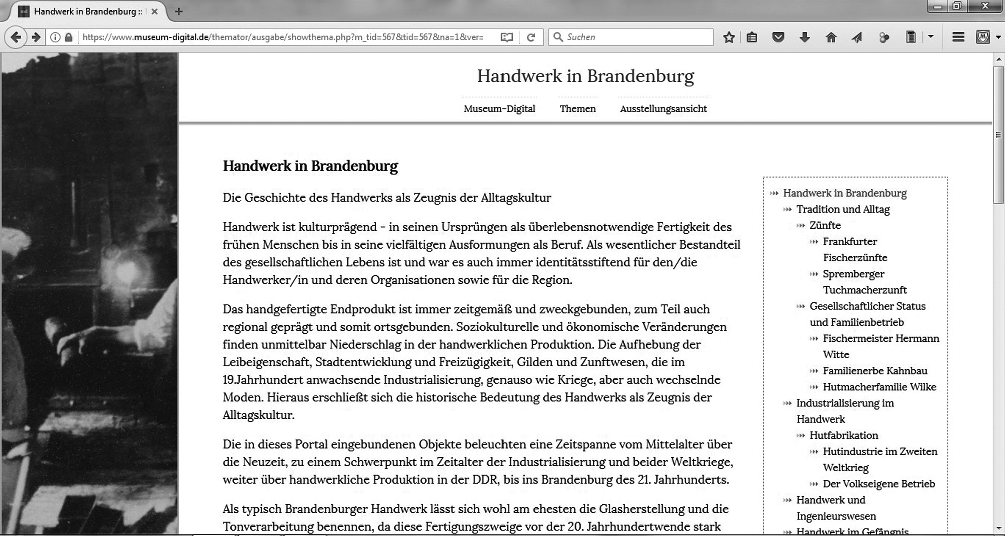 Abbildung 4 Screenshot Eingangseite Themenportal Handwerk in Brandenburg (Quelle: https://www.museum-digital.de/themator/ausgabe/showthema.php?m_tid=567&tid=567&na=1&ver=standalone [7.6.2017]).