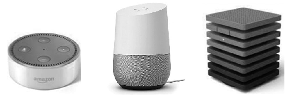 Abbildung 1 Oberflächen-Design einiger im Handel erhältlicher Voice BotsVon links nach rechts: Amazon Echo Dot / Google Home / ‘Raven H’ von Baidu (China)..