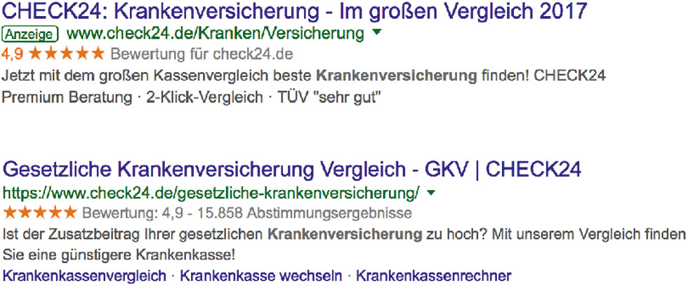 Abbildung 1 Ergebnisbeschreibung ("Snippet") einer Anzeige vs. eines organischen Ergebnisses.