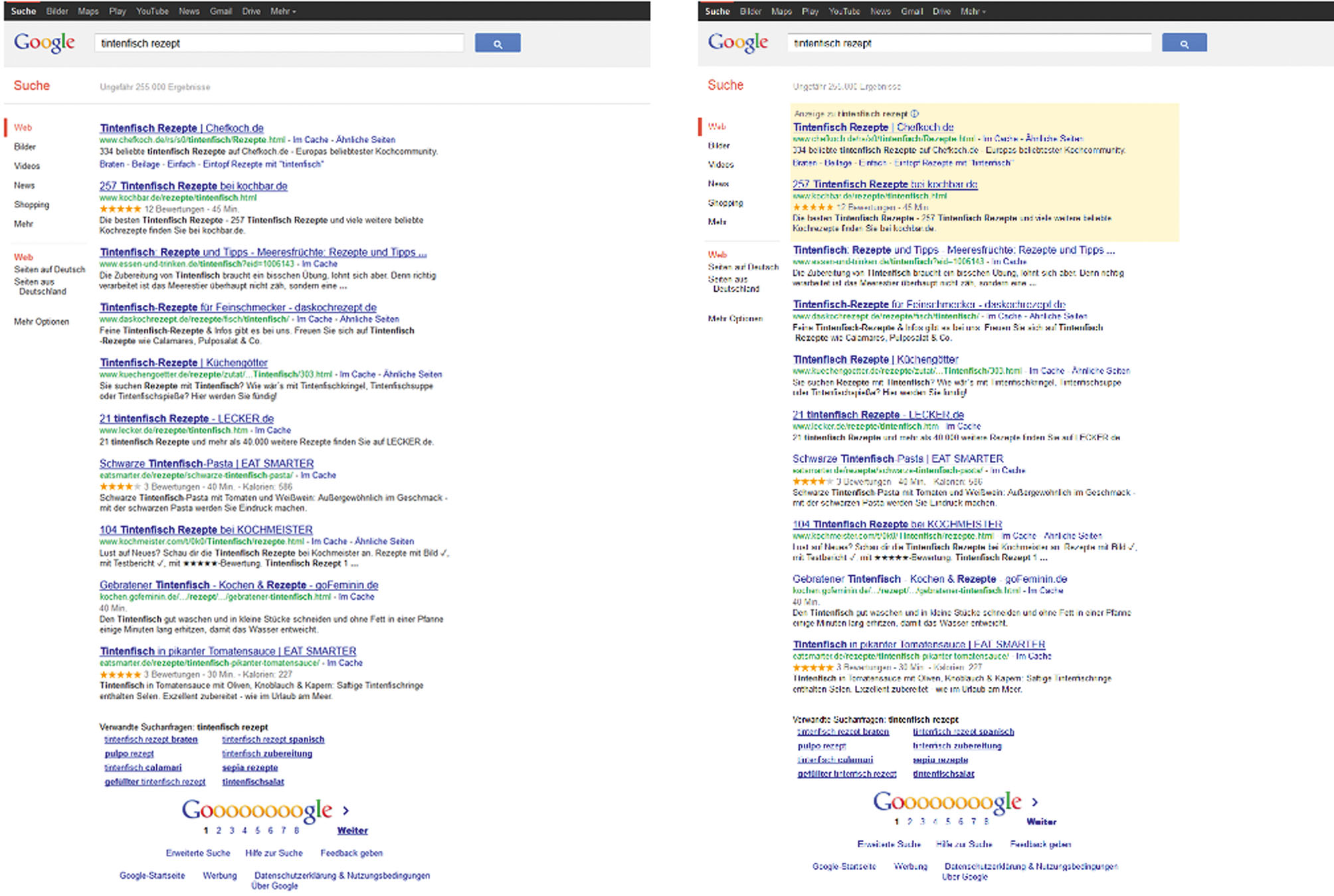 Abbildung 4 Screenshots als Stimulusmaterial (links: nur organische Ergebnisse; rechts: inklusive zwei als Werbung markierte organische Treffer).