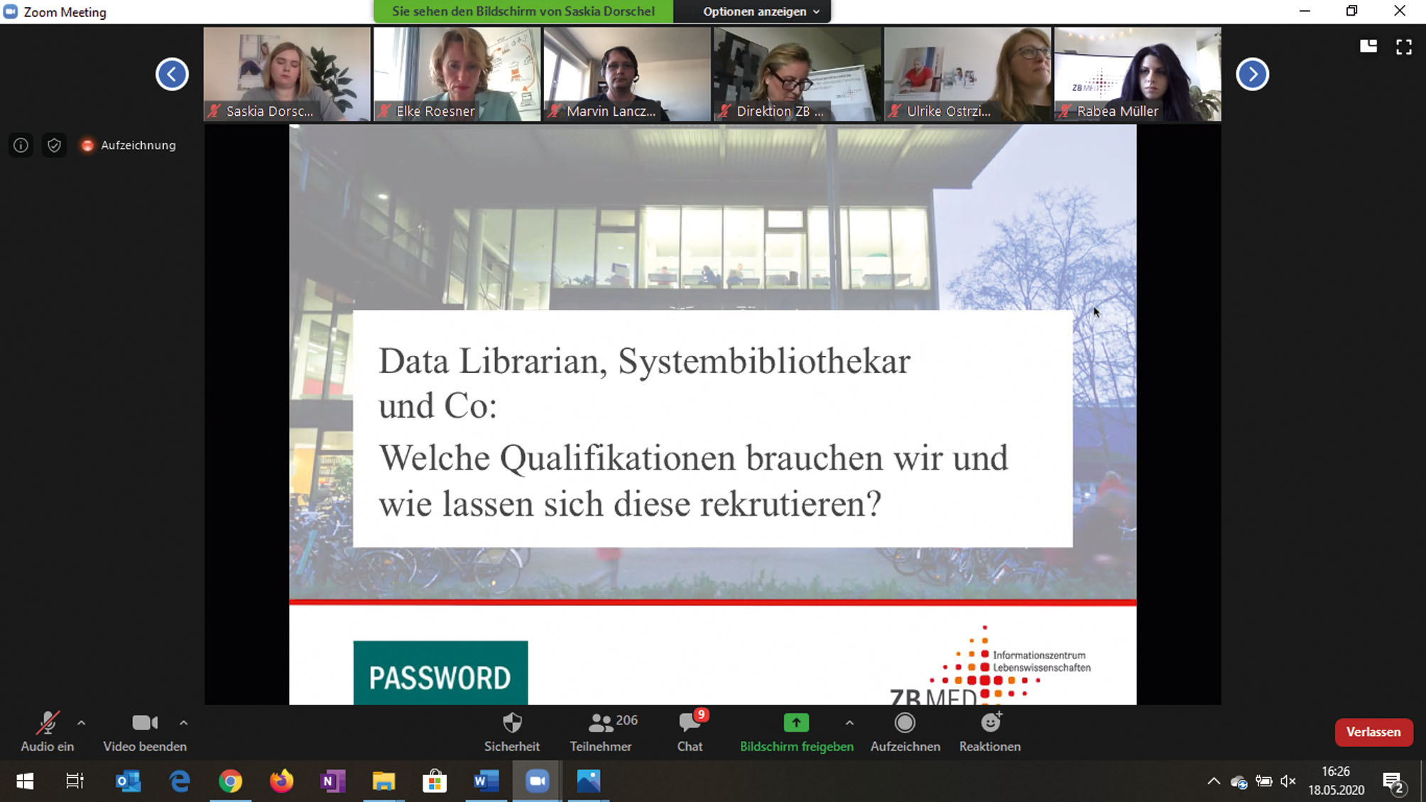 Abbildung 2 
Screenshot mit dem Referenten Marvin Lanczek (ZBIW), Gabriele Herrmann-Krotz (Kaufmännisch-Administrative Leitung von ZB MED) sowie dem Organisationsteam von ZB MED: Saskia Dorschel, Elke Roesner, Ulrike Ostrzinski und Rabea Müller.