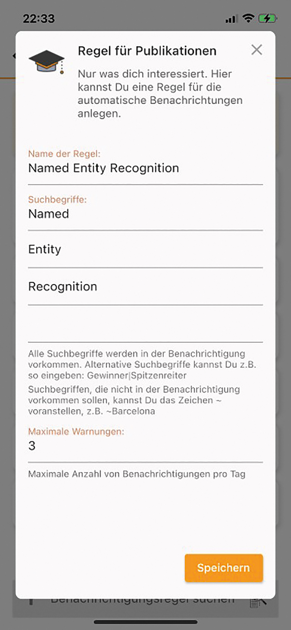 Abbildung 1
Regel für das Auffinden von Dokumenten zur Schlagwort-Kombination „Named, Entity, Recognition“ in der rOb.by-App.