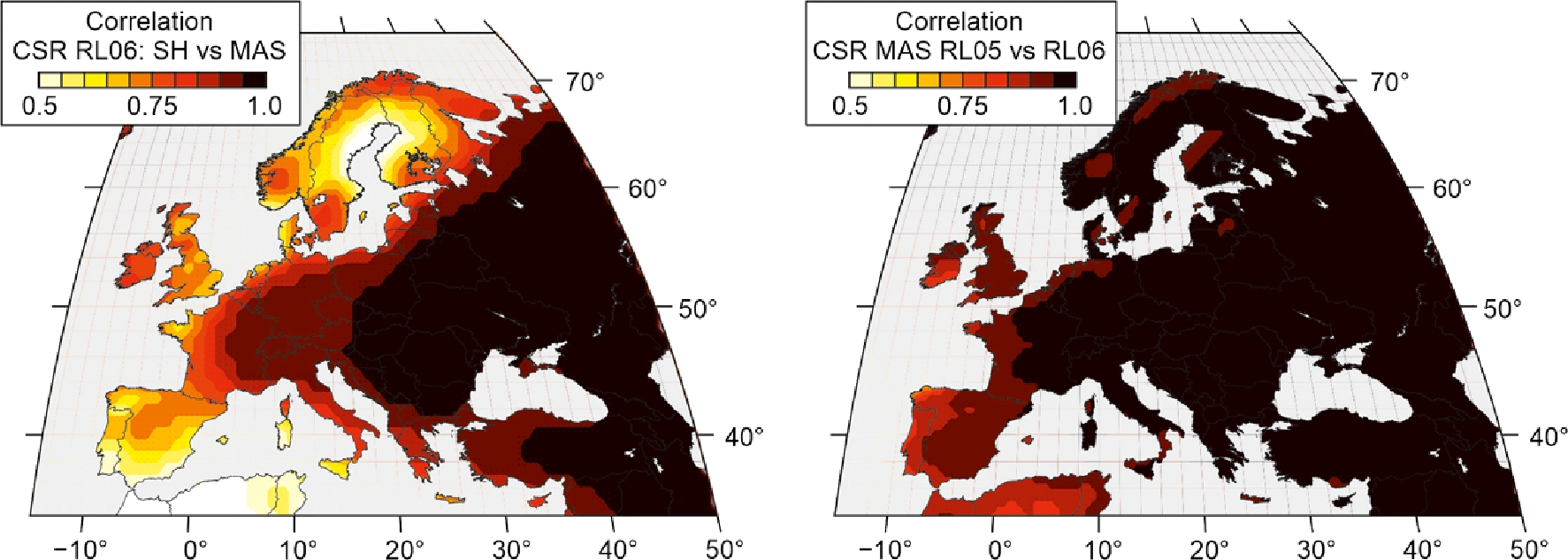Figure 1 Correlation coefficients between vertical displacements derived from different GRACE solutions, all provided by the CSR. Left: RL06 mascon solution versus RL06 spherical harmonic coefficients smoothed with the DDK3 filter. Right: CSR RL06 mascon solution versus CSR RL05 mascon solution.