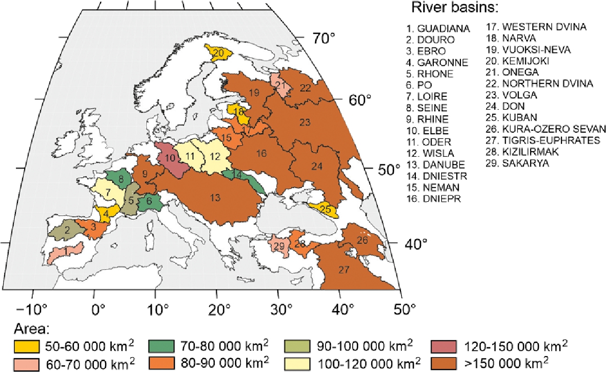 Figure 2 European river basins of areas larger than 50 000 km2{\text{km}^{2}}.