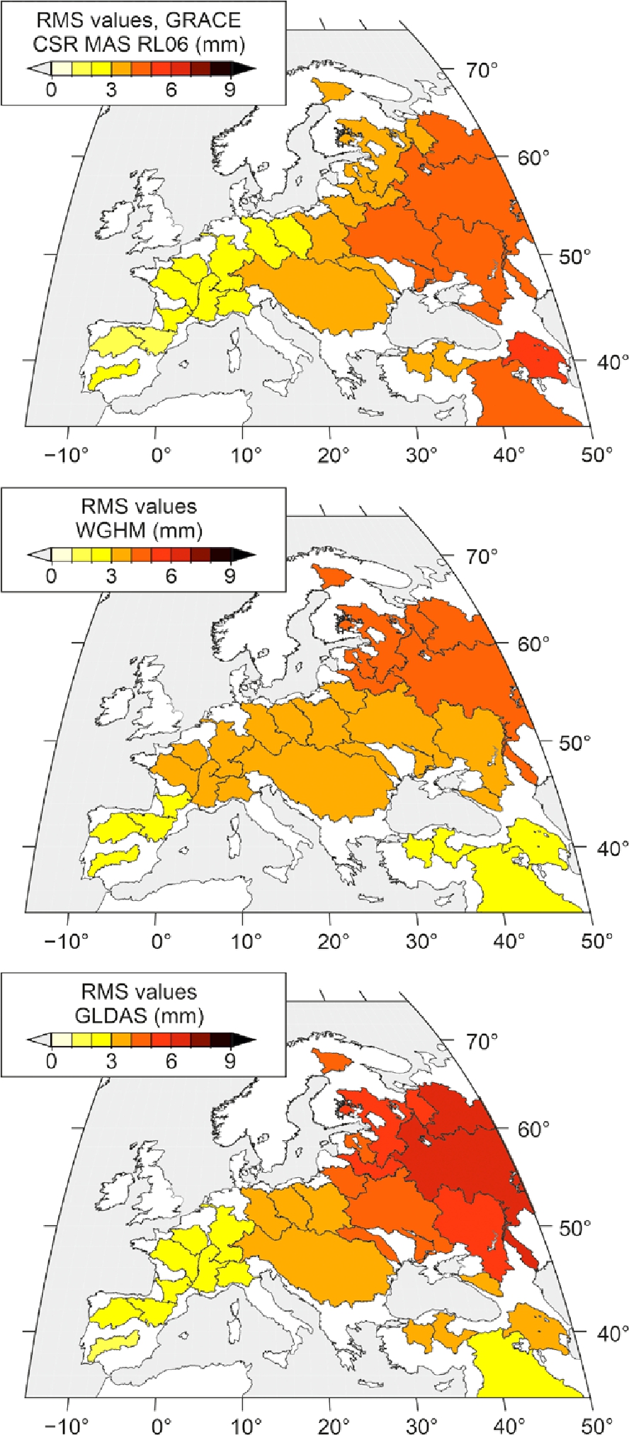 Figure 4 Root-mean-square (RMS) scatter (mm) estimated within river basins for average vertical displacements. These were derived from GRACE CSR RL06 mascon solution (top), WGHM hydrological model (middle), and GLDAS hydrological model (bottom).