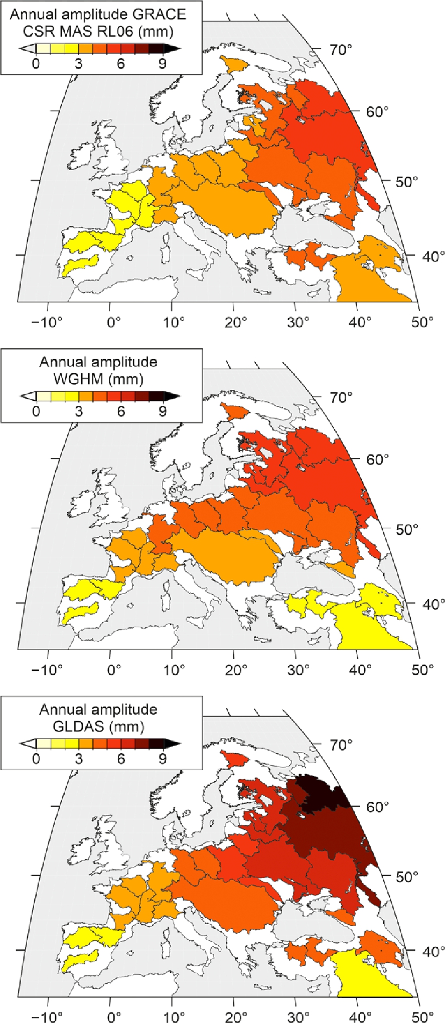 Figure 5 Annual amplitudes (mm) estimated within river basins for average vertical displacements. These were derived from GRACE RL06 mascon solution (top), WGHM hydrological model (middle), and GLDAS hydrological model (bottom).