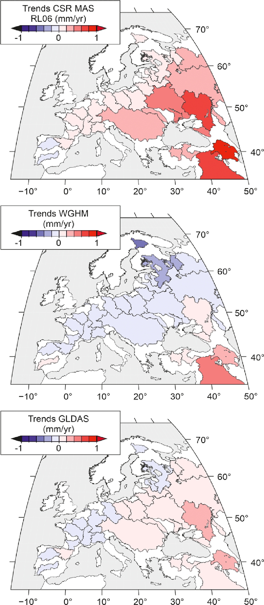 Figure 6 Trend values (mm/yr) estimated for vertical displacements averaged within river basins. These were derived from GRACE RL06 mascon solution (top), WGHM hydrological model (middle), and GLDAS hydrological model (bottom).
