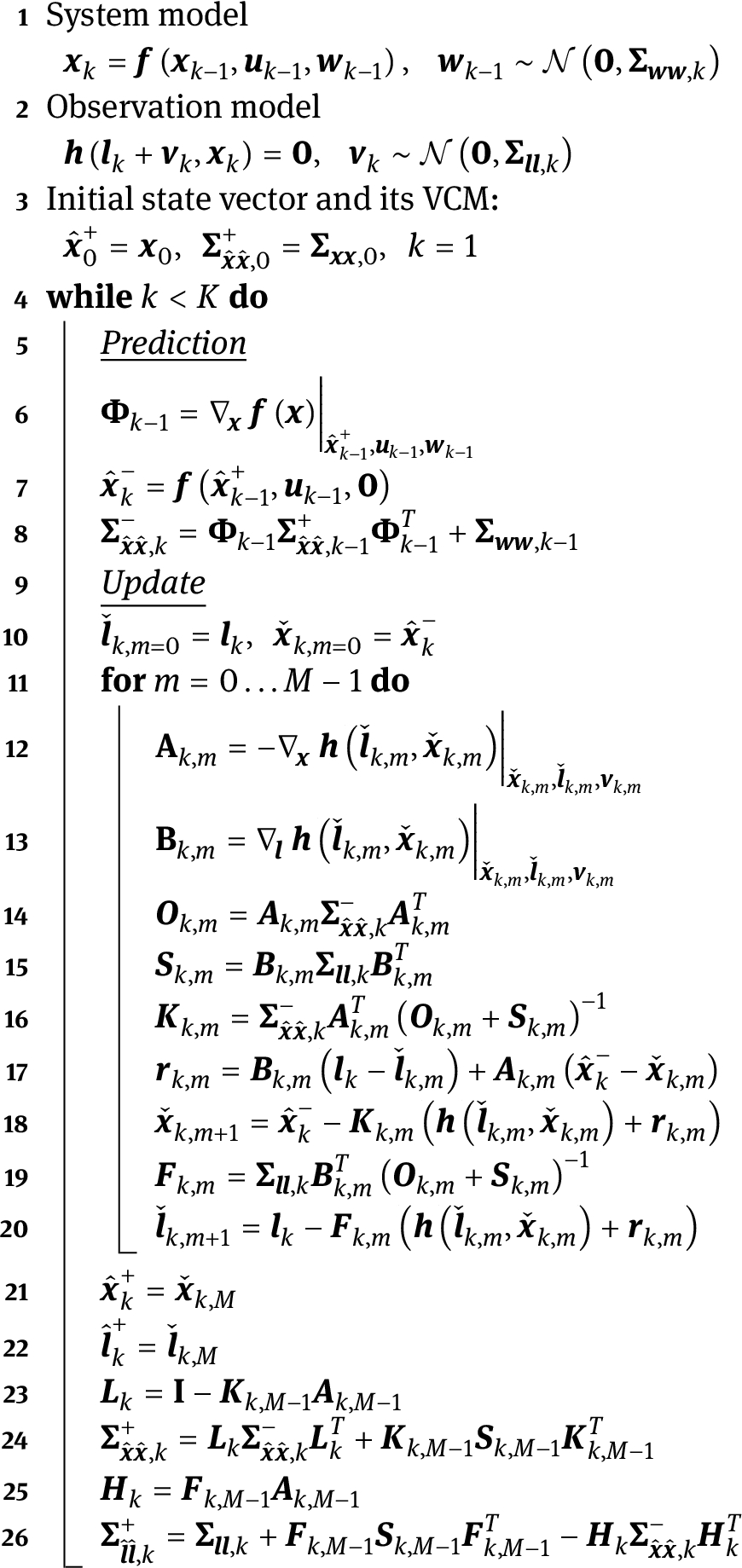 Algorithm 1 
Versatile recursive state-space filter based on an IEKF for non-linear implicit and explicit measurement equations.
