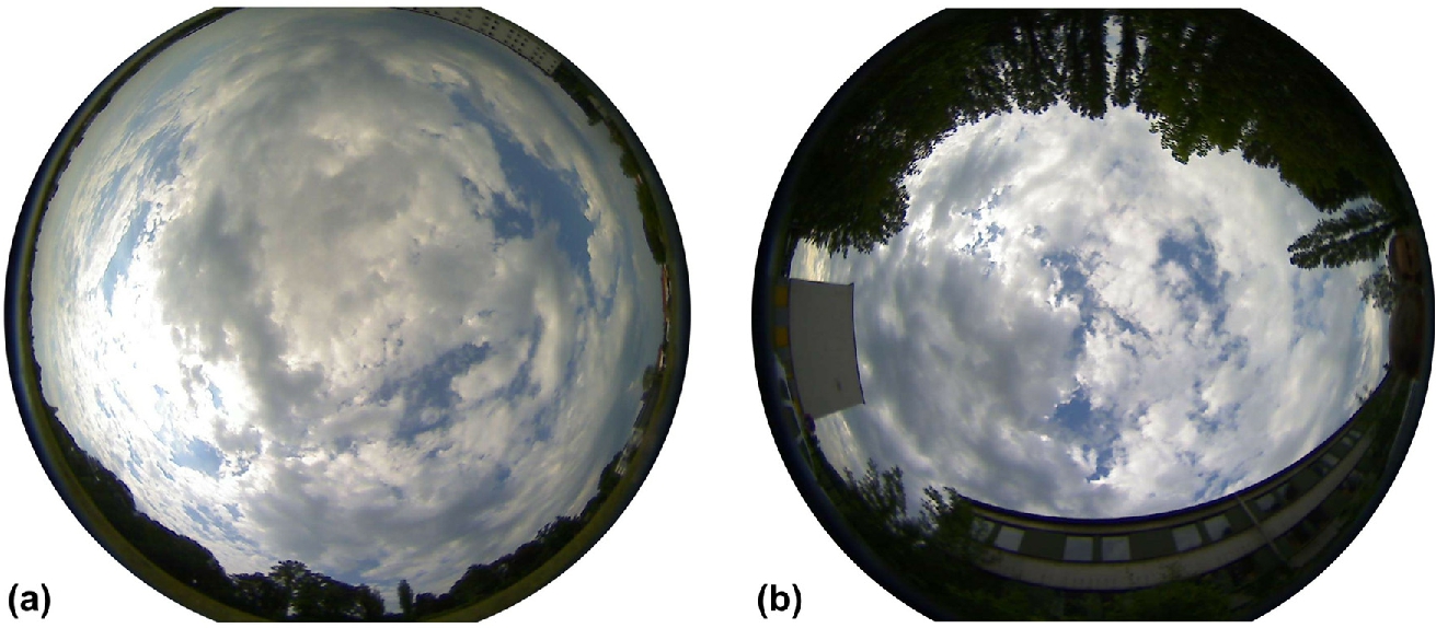 Figure 15 
Examples of rover station surroundings of (a) a favorable station and of (b) an adverse station. The photos were recorded using a fisheye objective.