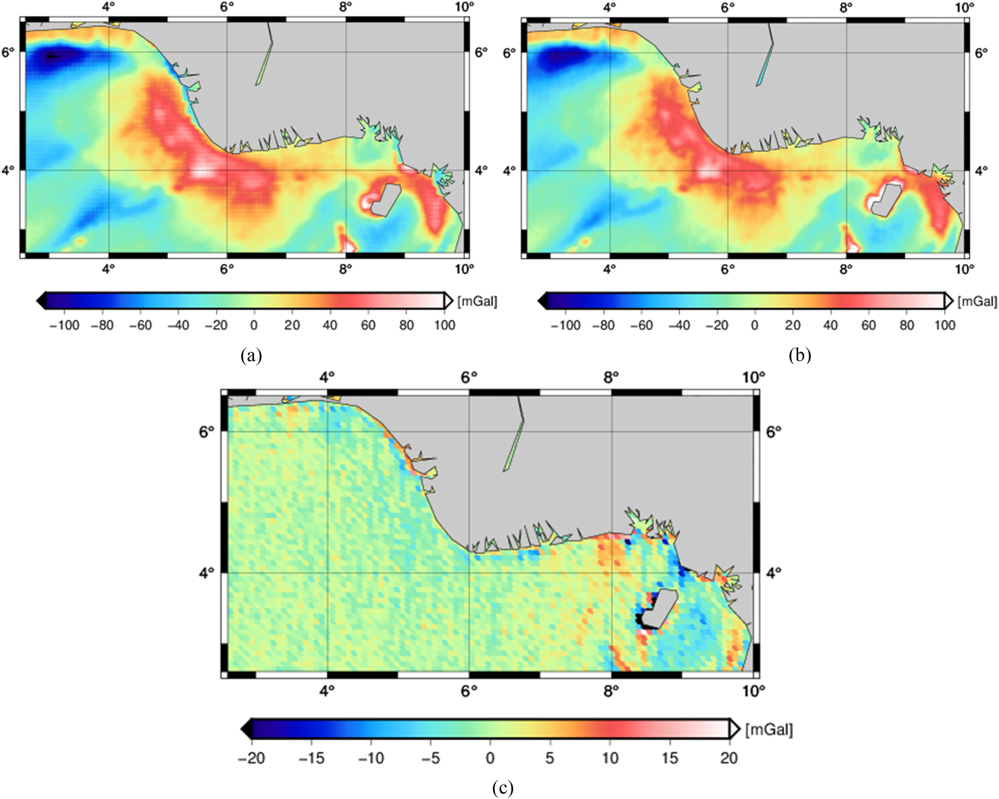 Figure 1: 
Free-air gravity anomalies from the DTU21GRA model (a) SSv29.1 model (b) and the differences between DTU21GRA and SSv29.1 gravity values (c) in the coastal region of Nigeria.
