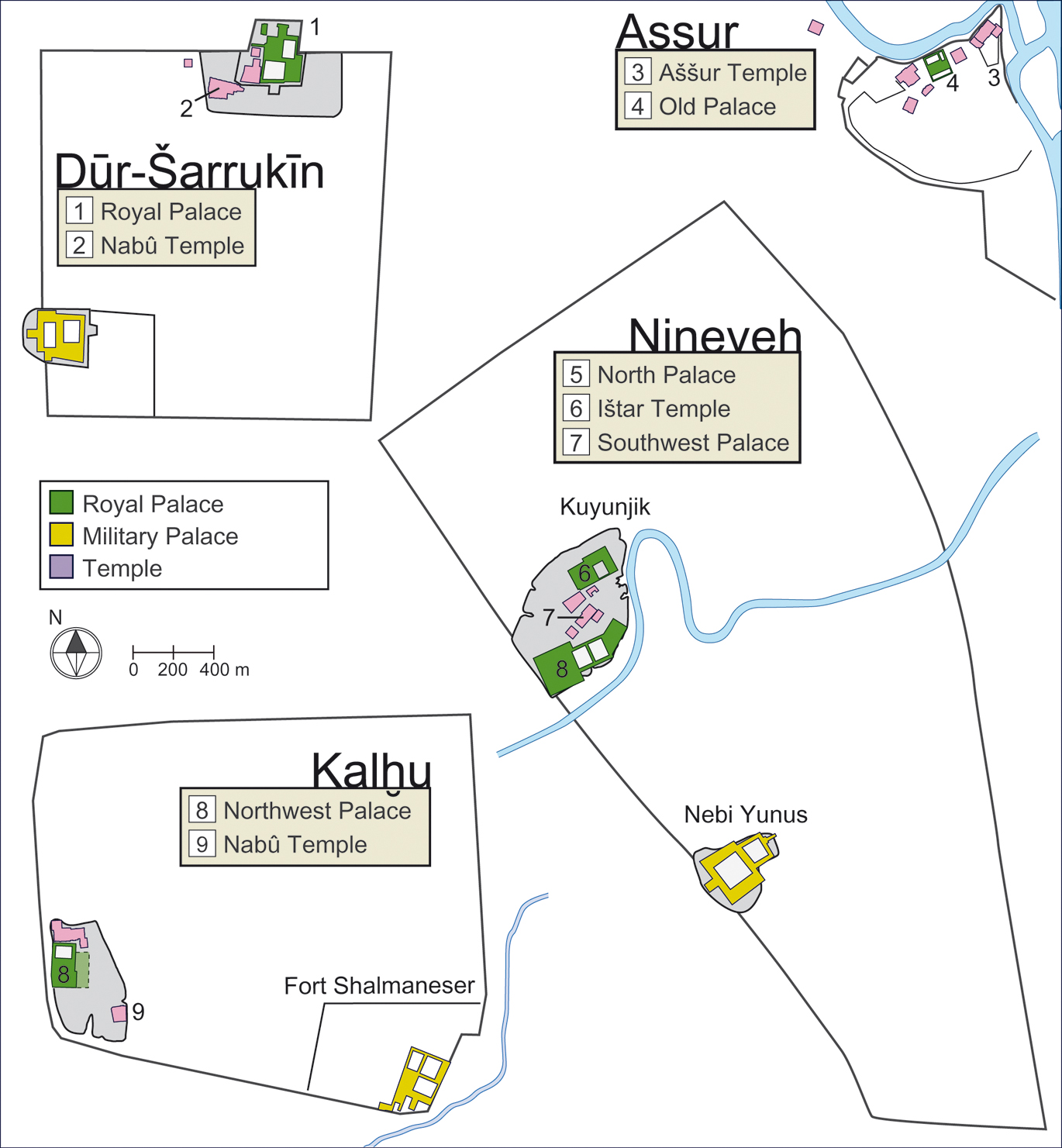 Figure 2 Plans of the main Assyrian royal cities (by D. Kertai).