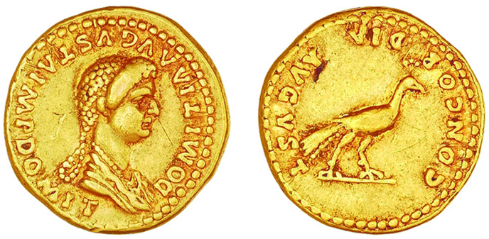 Fig. 1 
        Peacock aureus of 82/3 with Domitia Longina on the obverse (RIC II.1 Domitian 150). Source: American Numismatic Society, 1967.153.132.
      