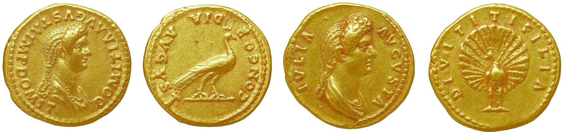 Fig. 2 
        Left: Peacock aureus of 88/9 with Domitia Longina on the obverse (RIC II.1 Domitian 678, cf. nos. 679–681). Right: Peacock aureus of 88/9 with Julia Titi on the obverse (RIC II.1 Domitian 683, cf. no. 684). Source: Bibliothèque nationale de France.
      