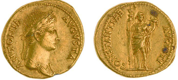 Fig. 3 
          
            Aureus with Antonia Augusta wearing corn-ears on the obverse and Constantia Augusti on the reverse (RIC2I Claudius 65). Source: American Numismatic Society, 1956.184.19.
        