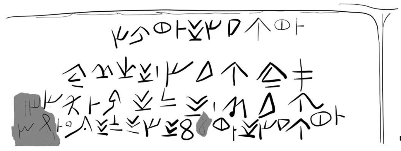 Fig. 7
Cluster of Cypriot graffiti engraved on the Chapel of Acoris (Karnak). The first graffito reads: ta-mo-ti-ja-se-o-ta-mo-wo-se, Δαμοθίyας ὁ ΔαμωFός, ‘Damothias son of Damos’; Egetmeyer (2010), vol. II, Egypt n°75 = Karnak n°17; the other graffiti show the demotic ‘from Solipotamia’; Egetmeyer (2010), vol. II, Egypt n°77 = Karnak n°18 = ICS n°430; Egetmeyer (2010), vol. II, Egypt n°78 = Karnak n°19 = ICS n°431 (drawing by the author).