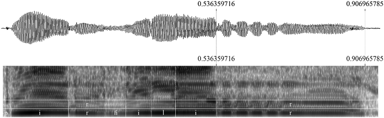 Figure 2:
Praat image to compare the realisation of two /r/s in the segment pír ‘flee, fly off’ + ɦílír ‘levitating’. Second /r/ is remarkably longer. Female speaker.
