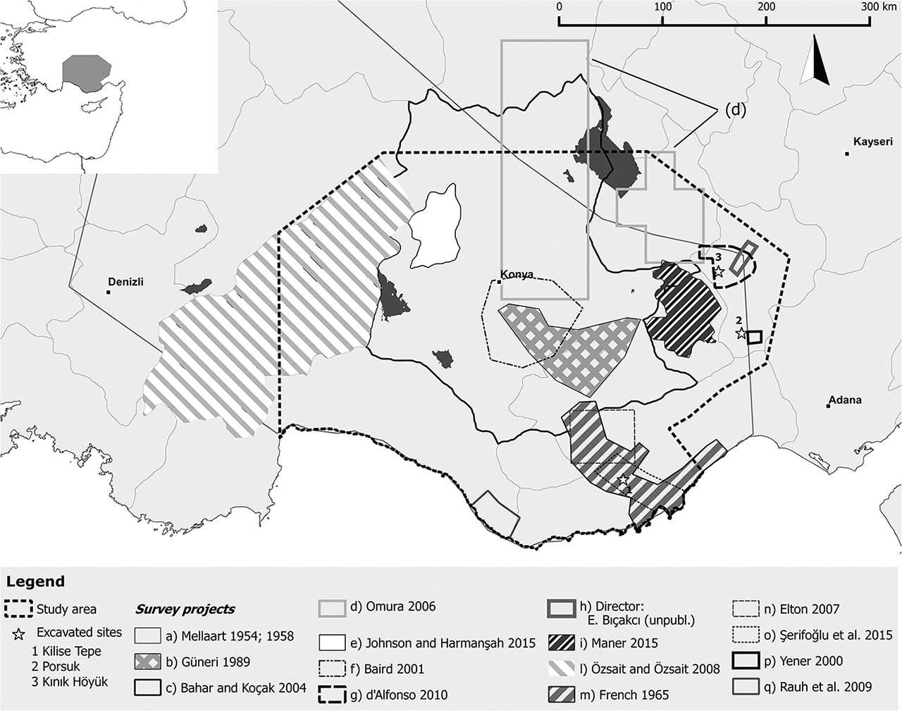 Figure 2: Archaeological research in South-Central Anatolia, with references to the most recent relevant publications. Map and graphics by Alvise Matessi.