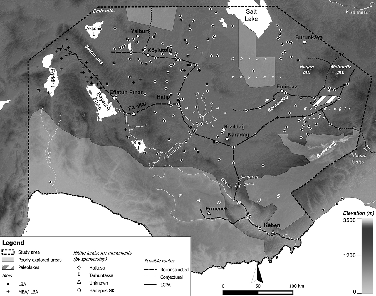 Figure 3: The Late Bronze Age archaeological landscape in South-Central Anatolia and possible communication routes. “Reconstructed” are those routes mainly inferred from the distribution of settlements and landscape monuments and corroborated by textual sources. “Conjectural” routes are those routes whose existence is assumed on the basis of historical interpretation. The least-cost pathway (LCPA) has been calculated on GRASS GIS by choosing Kınık Höyük as starting point and the LBA-IA site of Kıçıkışla, in the Emirgazi area, as destination point. Map and graphics by Alvise Matessi.