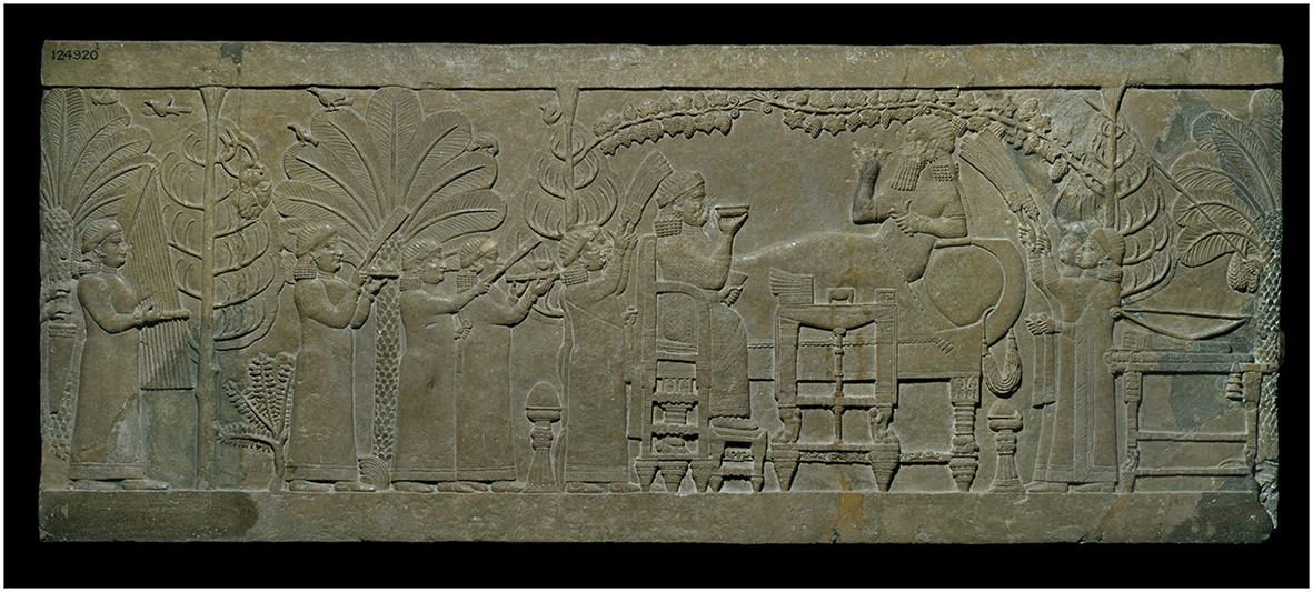 Figure 6:
The royal couple at the banquet in the royal palace’s garden, Room S’, North Palace, Quyunjiq (BM 124920, © The Trustees of the British Museum. All rights reserved).