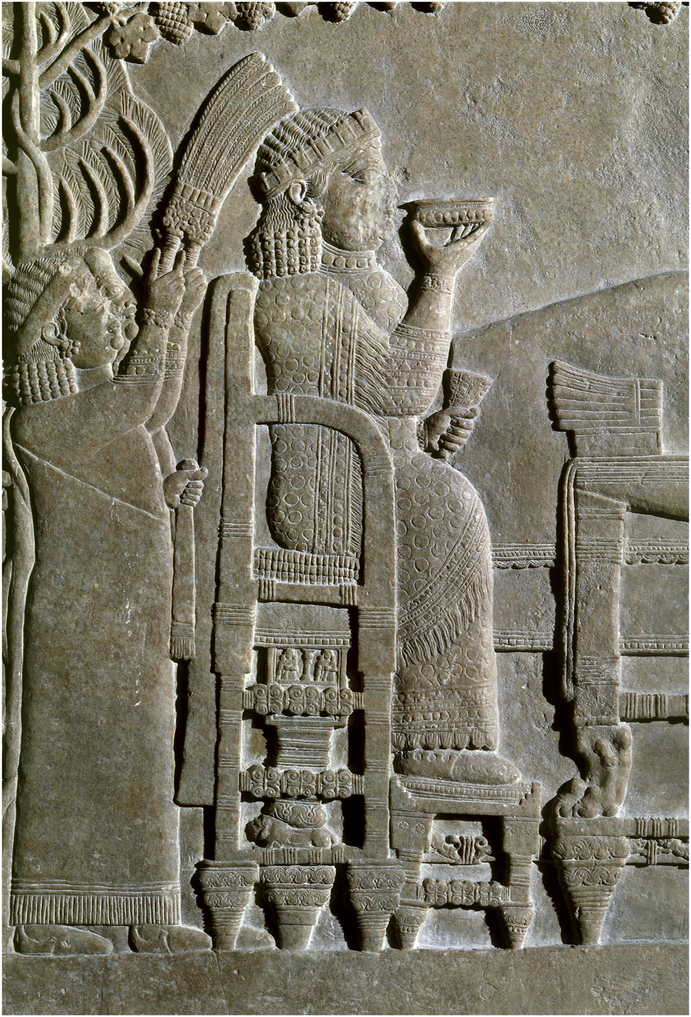 Figure 7:
Libbāli-šarrat in her festive dress attending the king’s banquet in the royal garden, Room S’, North Palace, Quyunjiq (BM 124920, © The Trustees of the British Museum. All rights reserved).