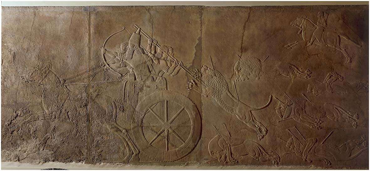 Figure 9:
Assurbanipal and attendants with spears on the royal chariot during the lion hunt, Room C, North Palace, Quyunjiq (BM 124867, © The Trustees of the British Museum. All rights reserved).