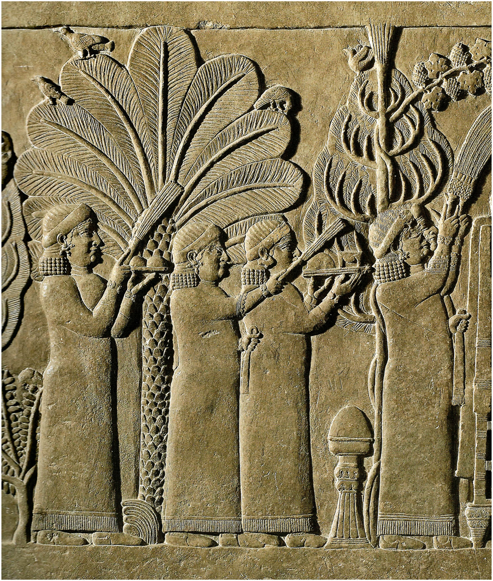 Figure 11:
Detail on the queen’s female attendants, some with fans, others with dishes to serve at the garden banquet, Room S’, North Palace, Quyunjiq (BM 124920, © The Trustees of the British Museum. All rights reserved).