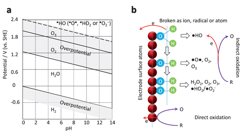 Figure 2 pH-potential diagram (a) and the schematic illustration of the anode reaction (b). In (a), the shadows mark the overpotential areas. The possible initial oxidation products and further products (bracketed) are suggested. In (b), water is electrolysed to generate radical of ●HO or adsorbed–OH group, which can be further oxidised as ●O●, or recombined as H2O2 (adsorbed), O2, O3 after further breaking the O-H bonds, from top to bottom. The process of indirect oxidation of target (R) to (O) with the involvement of radicals is shown on the top whilst the direct oxidation is shown on the bottom.