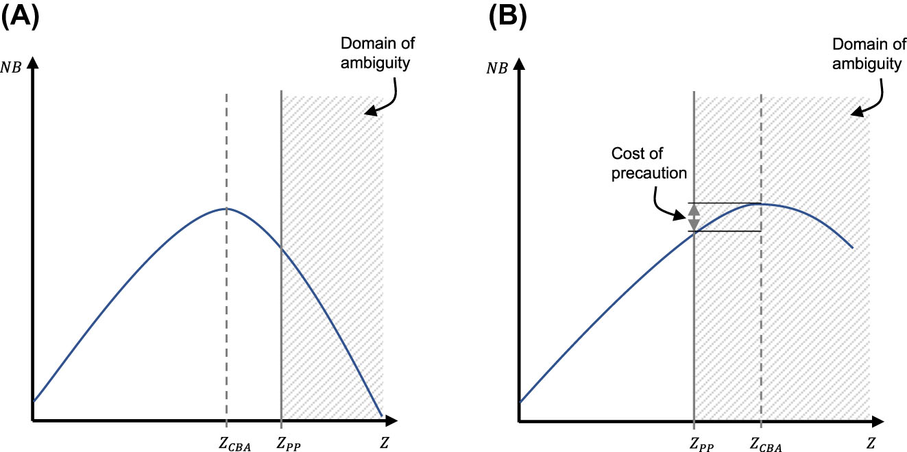 Figure 3: 
Assessment of the adequacy of the precautionary principle. The temporal dimension is disregarded here for illustrative purposes.
