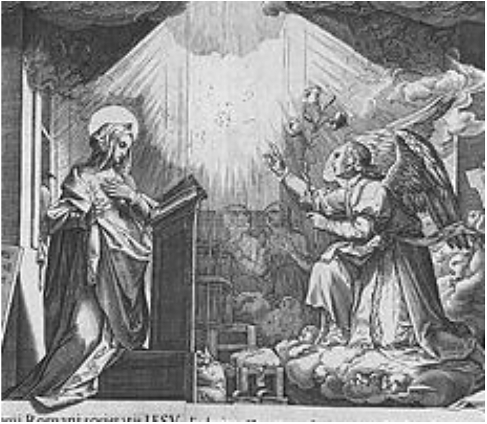 Figure 5: Cort after Zuccaro, The Annunciation Broadcast by Prophets, 1571. Detail of Virgin Mary and Angel Gabriel, adapted from Figure 1.