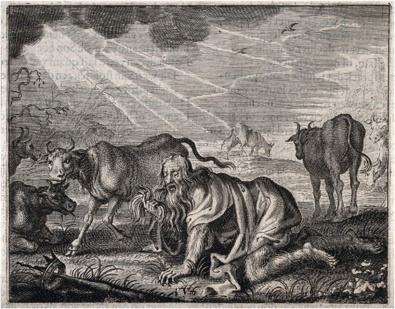 Figure 5: 
Nebuchadnezzar, Gone Mad, Grovels Like a Beast of the Earth; He Gropes for His Crown, ca. 17th-century Dutch line engraving. Image in the public domain.
