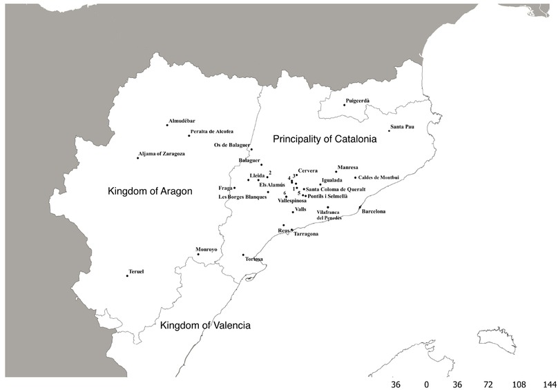 Fig. 1 Annuities sold before 1343 in Catalonia. The numbers on the map correspond to the following places: (1) L’Ametlla de Segarra, (2) El Palau d’Anglesola, (3) Granyena de Segarra, (4) Montornès de la Segarra, (5) Savallà del Comtat, and (6) Barberà de la Conca.