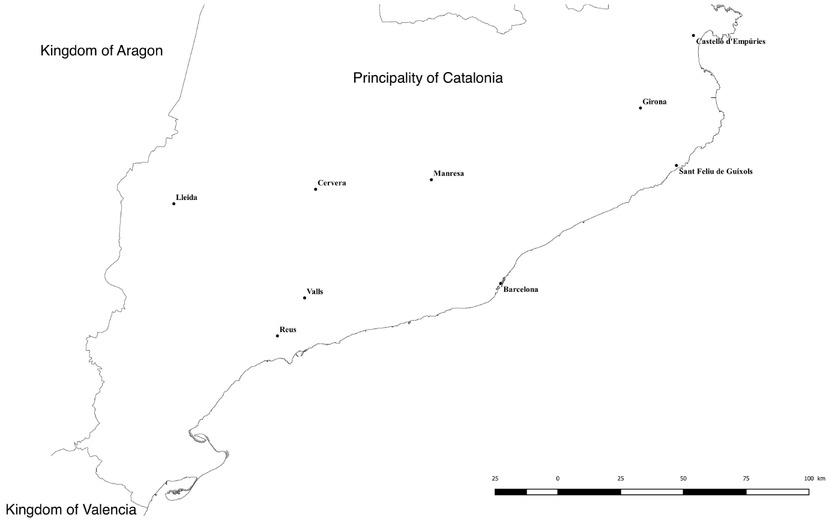 Fig. 2 Main places in the Principality of Catalonia included in the data sample (1313–1367).