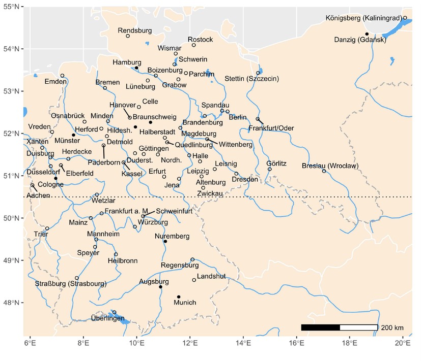 Fig. 1 Sample Overview. Note: Black solid circles: stable sample 1561–1860: not more than 5 percent missing observations per individual series. White filled circles: additional cities of unbalanced sample. Abbreviations: Duderst. (Duderstadt), Hildesh. (Hildesheim), Nordh. (Nordhausen). Source: Own representation based on map of Europe from www.naturalearthdata.com. Borders of 1871 from https://hgl.harvard.edu/catalog/harvardghgis1871germanempire (19.10.2024)