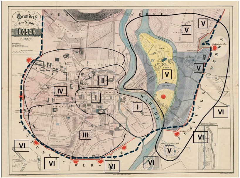 Fig. 1 Map of 19th-century Poznań (with Quarters I to VI marked). Note: The dotted line indicates the ring of fortifications. Source: Anon., Grundriss der Stadt Posen, in: The Collection of the Raczyński Library, catalogue no. CYRYL_12_2_2_272_0001, https://cyryl.poznan.pl (01.10.2024).