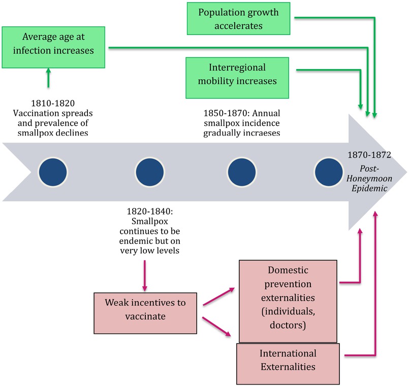 Fig. 3 Exogenous and Endogenous Causes of the German Smallpox Epidemic (1870 to 1872).