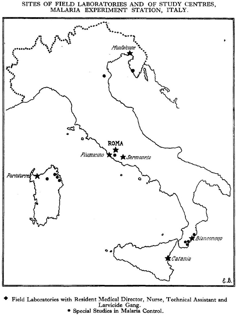 Fig. 2 Map of the Rockefeller Foundation malaria activities in Italy.