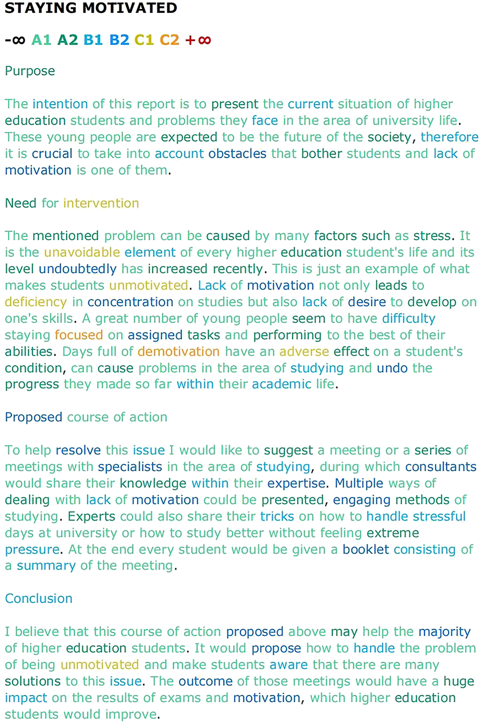 Figure 1: 
Introductory session. The text annotated with the CEFR checker displaying word proficiency levels.

