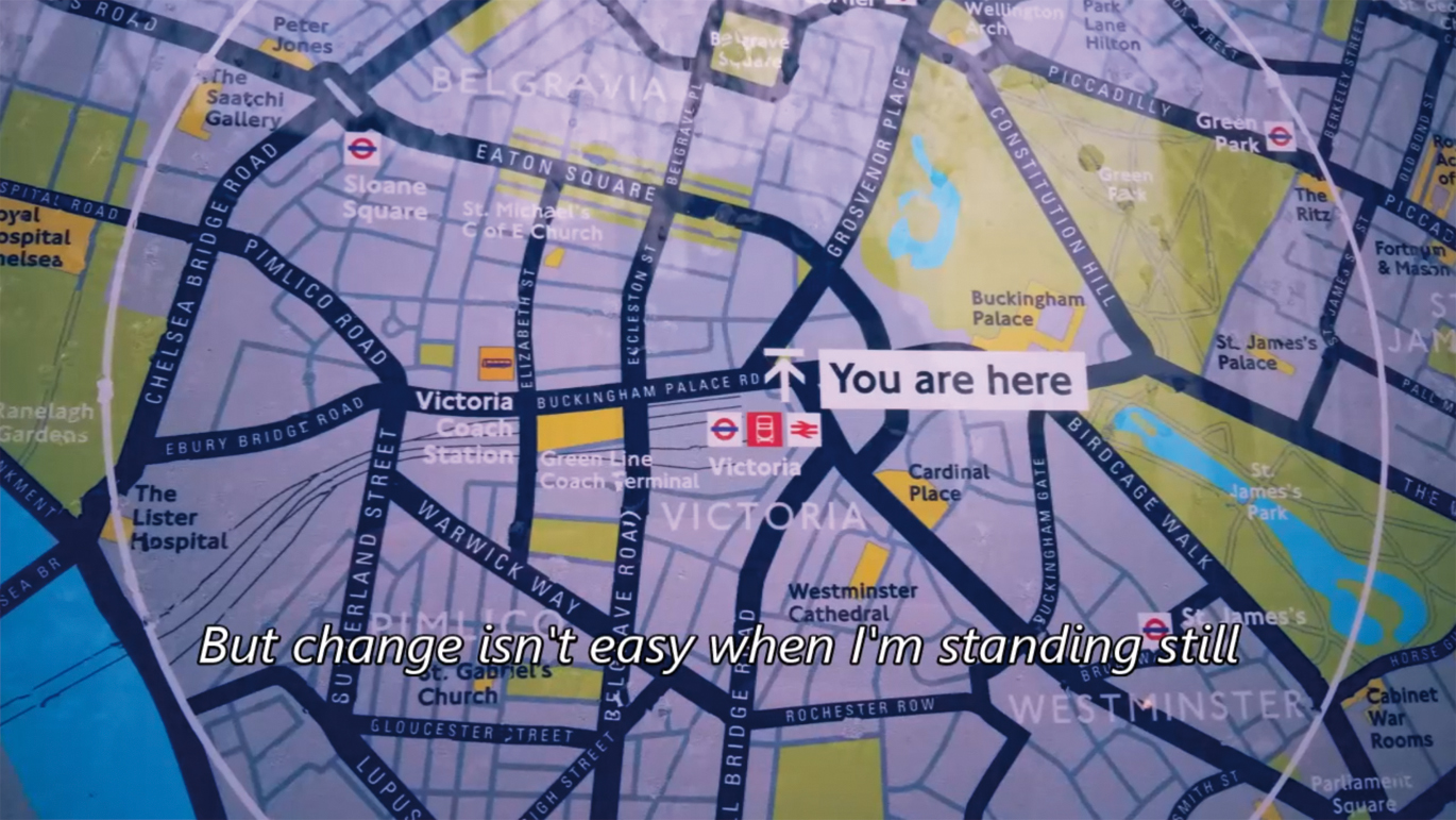 Figure 1 
          A map denoting the “You Are Here” sign in The Geography of Me. Screenshot.
        